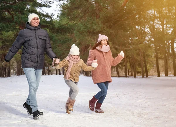 Happy Family Walking Park Winter Day — Stock Photo, Image