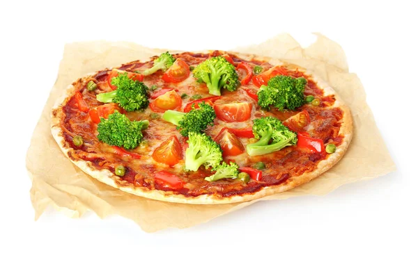 Parchment Tasty Vegetarian Pizza White Background — Stock Photo, Image