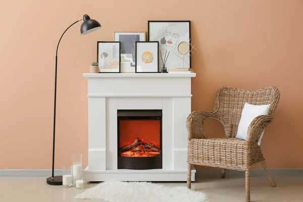 Interior Stylish Living Room Fireplace — Stock Photo, Image