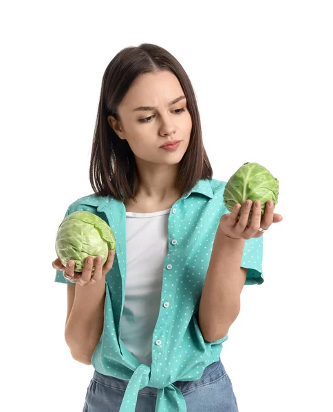 Young Woman Fresh Cabbages White Background — Stock Photo, Image