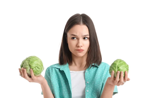 Thoughtful Young Woman Fresh Cabbages White Background — Stock Photo, Image