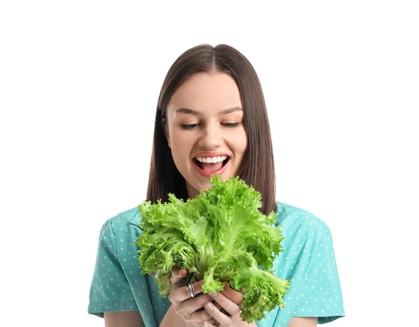 Felice Giovane Donna Con Insalata Fresca Sfondo Bianco — Foto Stock