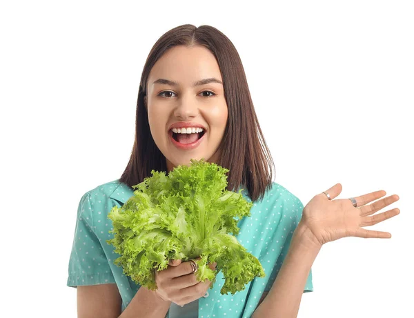 Felice Giovane Donna Con Insalata Fresca Sfondo Bianco — Foto Stock