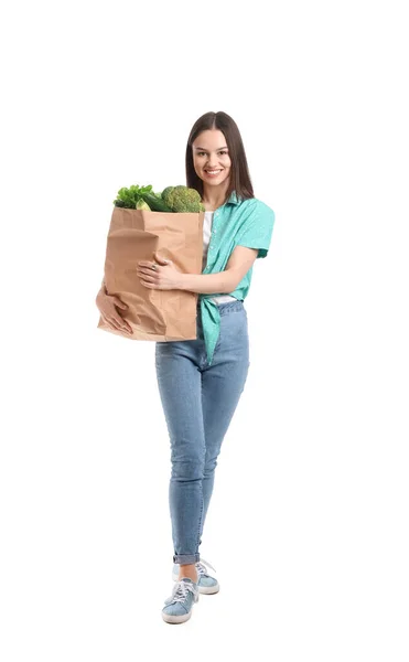 Mujer Joven Bolsa Papel Con Verduras Frescas Sobre Fondo Blanco — Foto de Stock