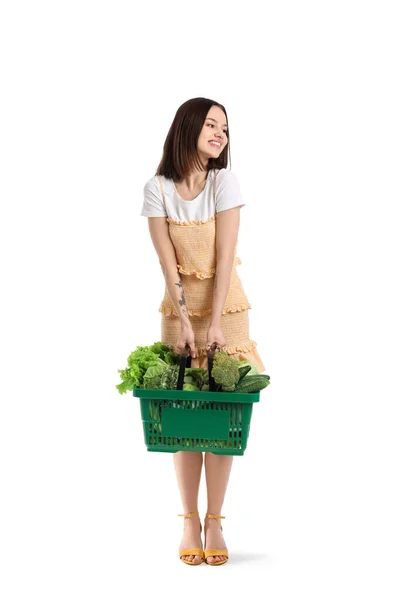 Young Woman Shopping Basket Fresh Vegetables White Background — Stock Photo, Image