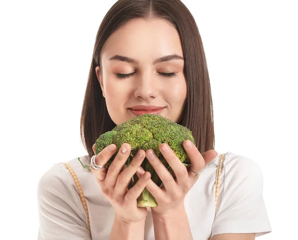 Jeune Femme Avec Brocoli Frais Sur Fond Blanc — Photo