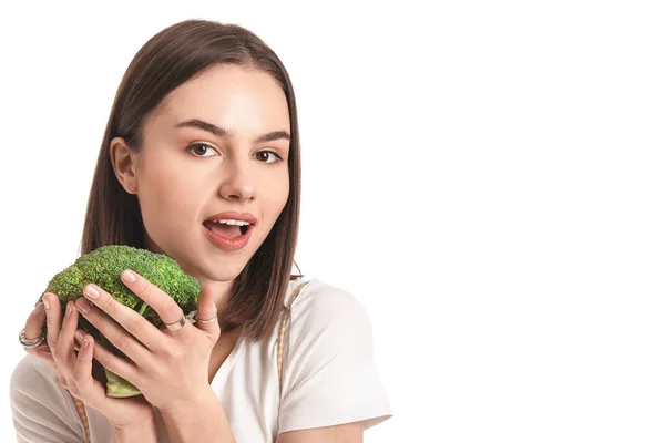 Surprised Young Woman Fresh Broccoli White Background — Stock Photo, Image