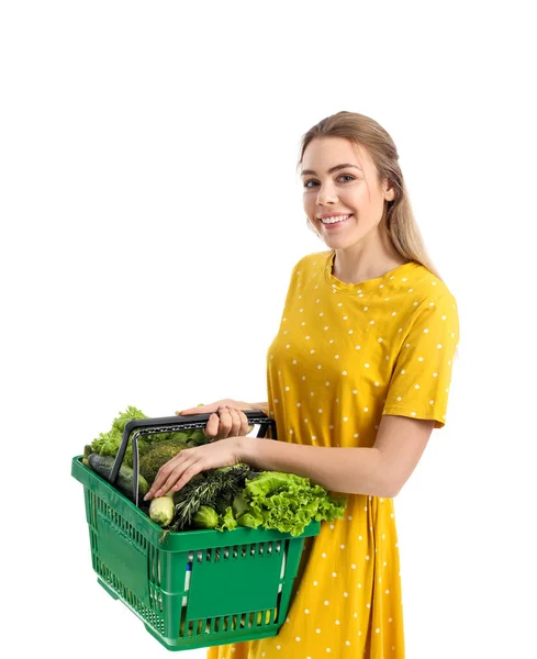 Young Woman Shopping Basket Fresh Vegetables White Background — Stock Photo, Image