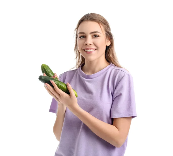 Young Woman Cucumber White Background — Stock Photo, Image