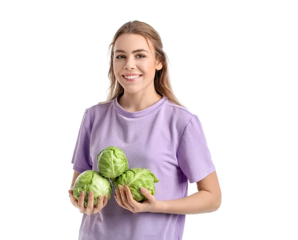 Ung Kvinna Med Färska Kål Vit Bakgrund — Stockfoto