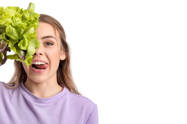 Giovane Donna Con Lattuga Fresca Sfondo Bianco — Foto Stock