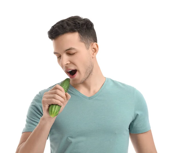 Young Man Eating Cucumber White Background — Stock Photo, Image