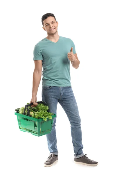 Jeune Homme Panier Avec Des Légumes Frais Sur Fond Blanc — Photo