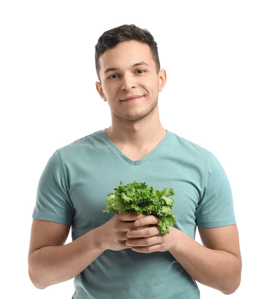 Joven Con Lechuga Fresca Sobre Fondo Blanco —  Fotos de Stock