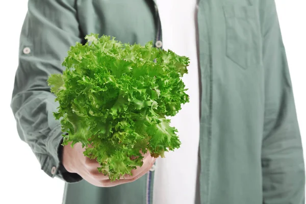 Young Man Fresh Lettuce White Background Closeup — Stock Photo, Image