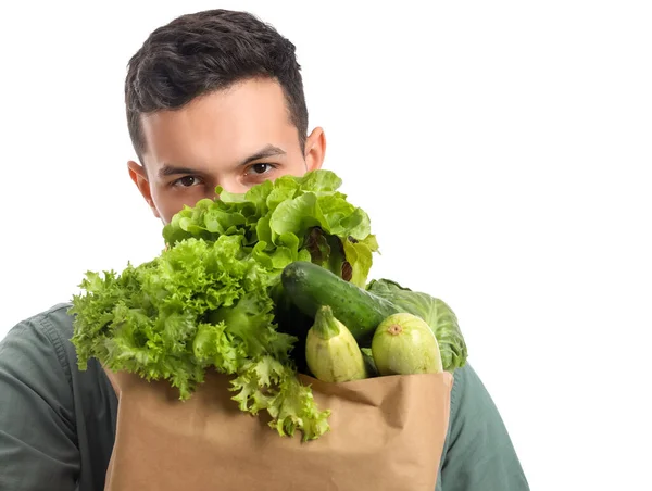 Joven Bolsa Papel Con Verduras Frescas Sobre Fondo Blanco —  Fotos de Stock