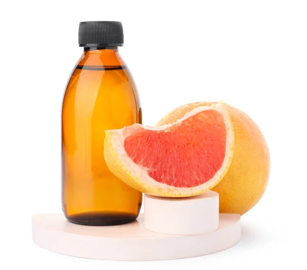 Bottle Essential Oil Grapefruits White Background — Stock Photo, Image