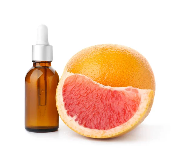 Bottle Essential Oil Grapefruits White Background — Stock Photo, Image