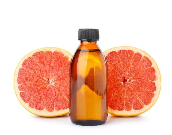 Bottle Essential Oil Grapefruits White Background — Stock Photo, Image