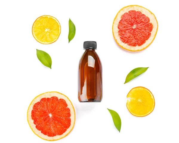 Bottle Essential Oil Citrus Fruits White Background — Stock Photo, Image