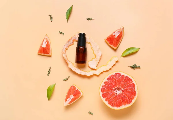 Composition Bottle Essential Oil Grapefruit Color Background — Stock Photo, Image