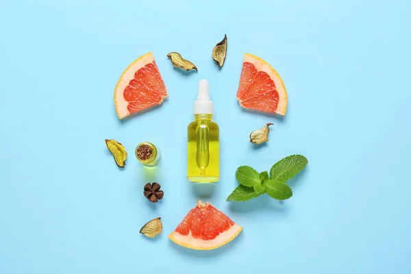 Composition Bottle Essential Oil Grapefruit Mint Color Background — Stock Photo, Image