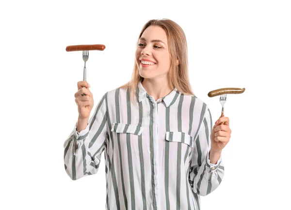 Jovem Com Salsichas Saborosas Fundo Branco — Fotografia de Stock