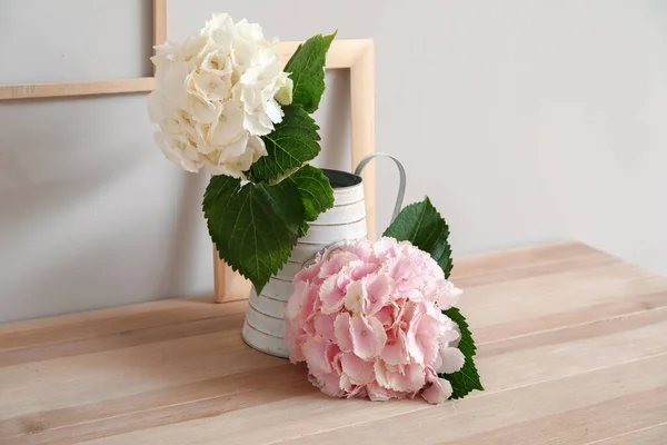Vase Beautiful Hydrangea Flowers Table Light Wall — Stock Photo, Image
