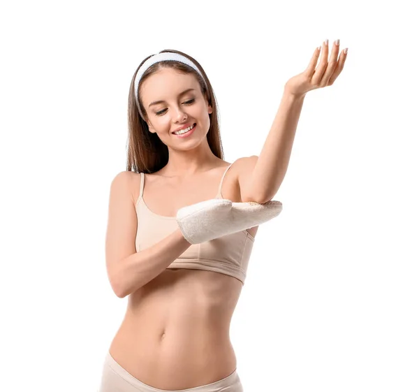 Beautiful Young Woman Massage Mitten White Background — Stock Photo, Image