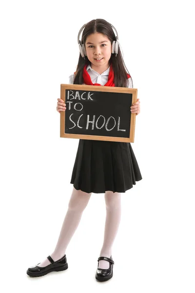 Nettes Asiatisches Mädchen Mit Kreidetafel Und Text Zurück Zum Schule — Stockfoto