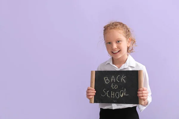 Cute Little Girl Holding Chalkboard Text Back School Color Background — Stock Photo, Image