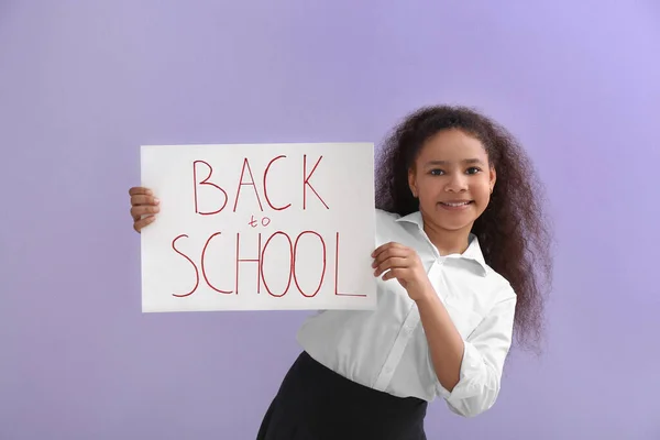 Cute African American Girl Holding Paper Text Back School Color — Stock Photo, Image