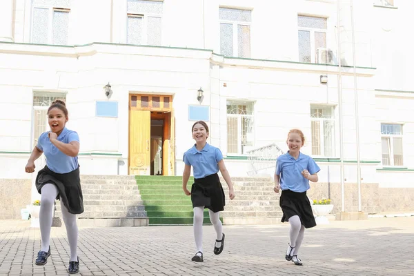 Cute Little Schoolgirls Classes Outdoors — Stock Photo, Image