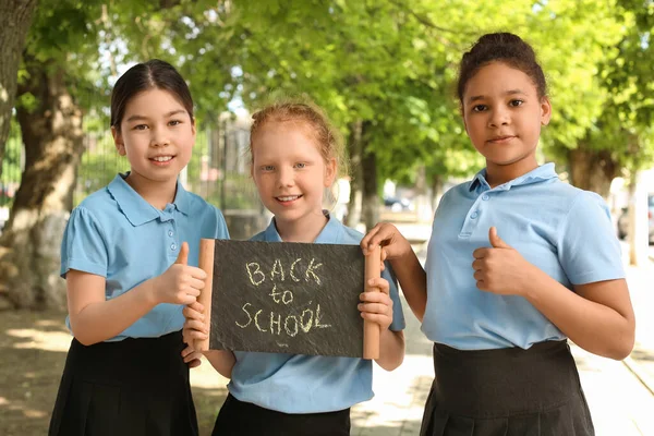 Cute Little Girls Holding Chalkboard Text Back School Outdoors — Stock Photo, Image