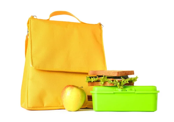 Bag Lunch Box Apple Sandwich White Background — Stock Photo, Image