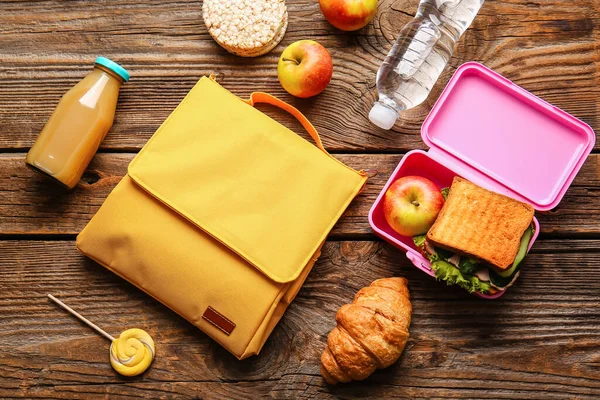 Lunch Box Bag Food Wooden Background — Stock Photo, Image