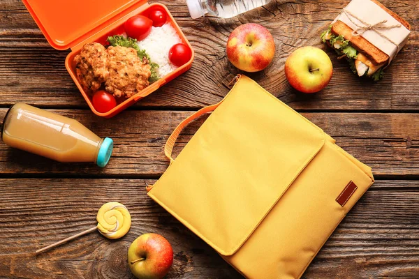 Lunchbox Tas Eten Houten Achtergrond — Stockfoto