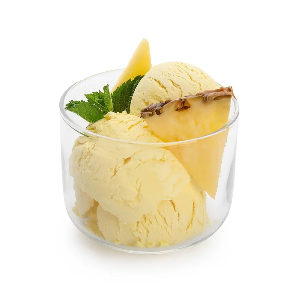 Glass Bowl Tasty Pineapple Ice Cream White Background — Stock Photo, Image