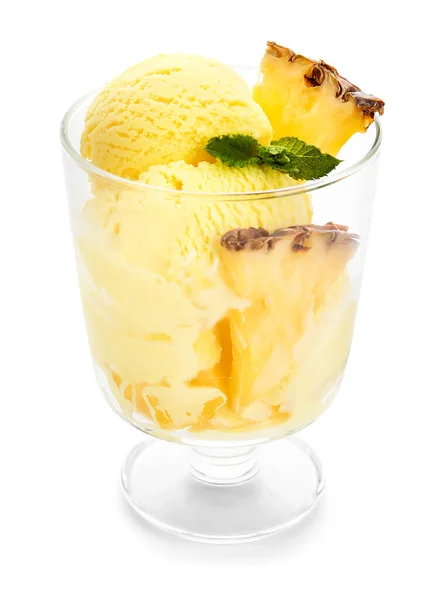 Glass Tasty Pineapple Ice Cream White Background — Stock Photo, Image