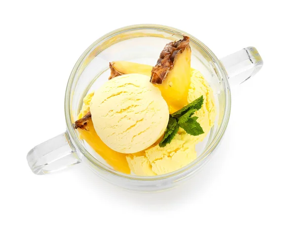 Glass Bowl Tasty Pineapple Ice Cream White Background — Stock Photo, Image