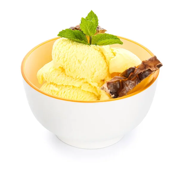 Bowl Tasty Pineapple Ice Cream White Background — Stock Photo, Image