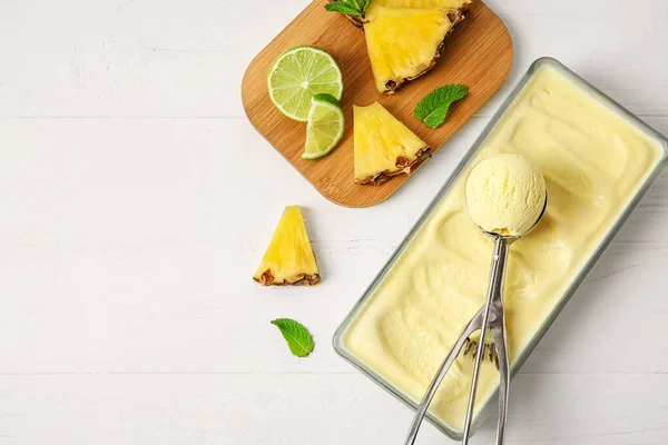 Scoop Tasty Pineapple Ice Cream Light Wooden Background — Stock Photo, Image
