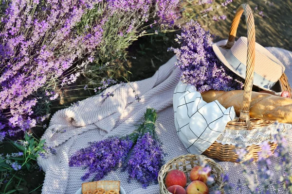 Wicker Basket Tasty Food Romantic Picnic Lavender Field — Stock Photo, Image