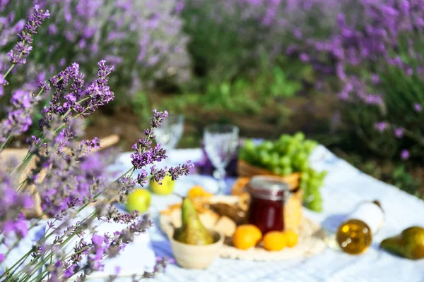 Tasty Food Drink Romantic Picnic Field Focus Lavender Flowers — Stock Photo, Image