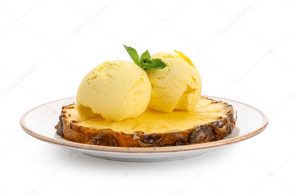 Plate with tasty pineapple ice cream on white background