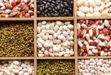 Box with different legumes as background, closeup