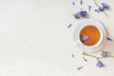 Cup of floral tea and flowers on light background
