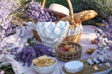 Lavanta tarlasında romantik piknik için lezzetli yiyeceklerle dolu bir sepet.