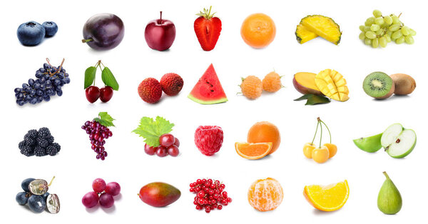 Set of bright fruits and berries on white background