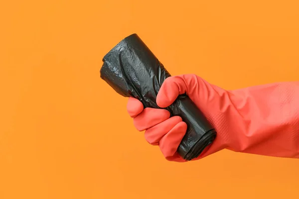 Hand Rubber Glove Roll Garbage Bag Color Background — Stock Photo, Image